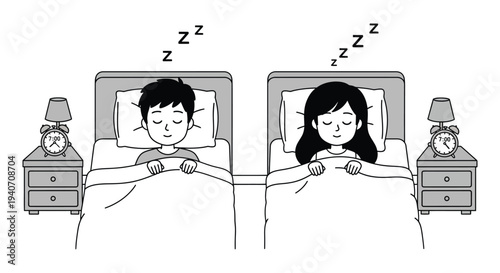 A charming illustration depicts a couple peacefully sleeping in separate beds accompanied by dream bubbles silhouette high quality professional detailed