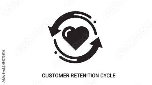 A  illustration of a heart within circular arrows representing the customer retention cycle, symbolizing loyalty and continuous engagement in a business context.