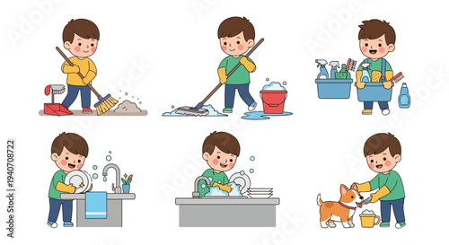 A collection of cartoon boys performing various household chores including cleaning and pet care silhouette high quality professional detailed modern elegant