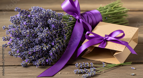 A bouquet of lavender flowers tied with a purple ribbon next to a gift box on a wooden table on transparent background