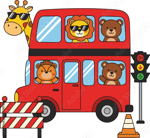 Cute cartoon animals riding red double decker bus, giraffe lion bear characters with sunglasses, kids transport illustration with traffic signal