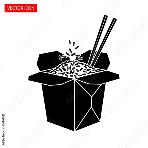 A black and white illustration of an open Chinese takeout box filled with rice and chopsticks.