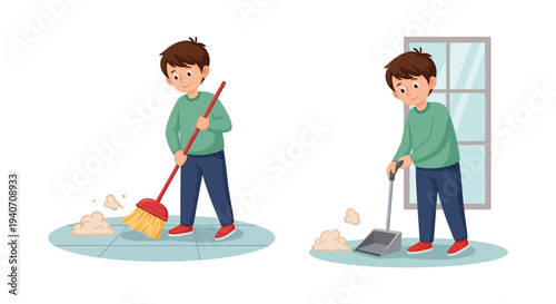 A young boy diligently cleans a floor with a broom and dustpan showcasing domestic chores and responsibility silhouette high quality professional