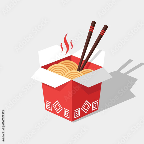A steaming hot box of noodles with chopsticks, ready for a delicious meal.
