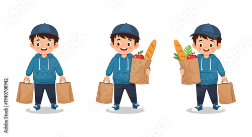 A young delivery person is shown in three poses carrying shopping bags with groceries a flat silhouette high quality professional detailed