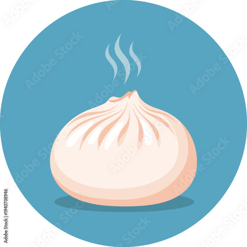 A steaming hot, freshly prepared dim sum bun, a delicious and savory Asian delicacy, presented in a simple, clean graphic illustration.