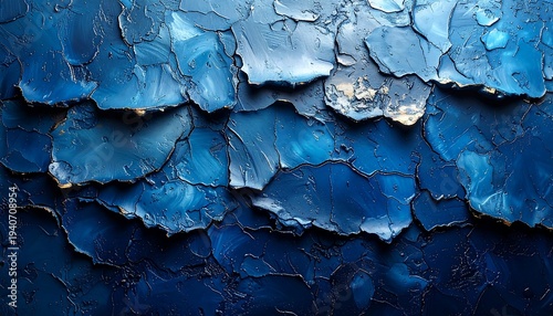 Textured abstract artwork displaying shades of blue, resembling waves or scales
