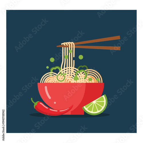 A vibrant illustration of a steaming bowl of noodles being lifted by chopsticks, garnished with chili peppers and lime.