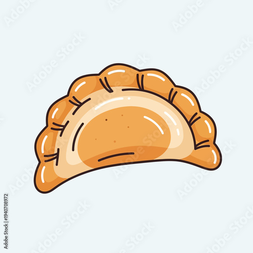 A simple, stylized illustration of a golden-brown empanada with a crimped edge, set against a light blue background.