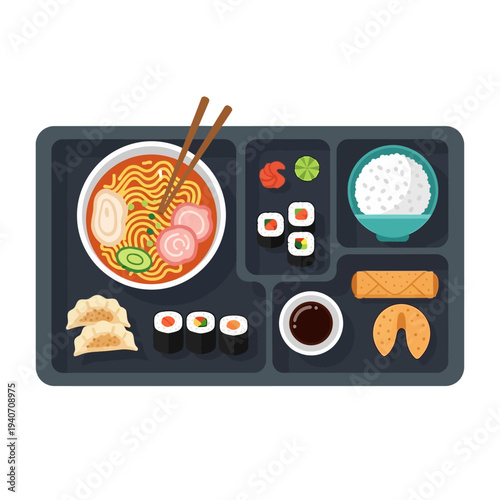 A top-down view of a Japanese bento box filled with various delicious food items including ramen, sushi, dumplings, and a spring roll.