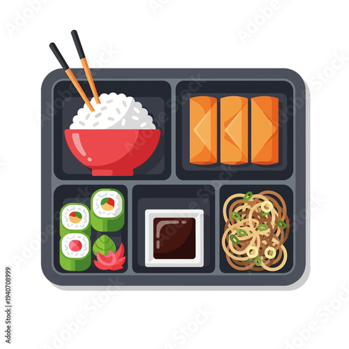 A bento box filled with a variety of Japanese dishes including rice, sushi rolls, spring rolls, and noodles, with chopsticks resting on top.