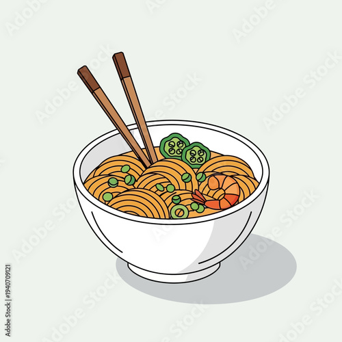 A delicious bowl of ramen noodles with shrimp, green onions, and jalapeños, served with chopsticks.