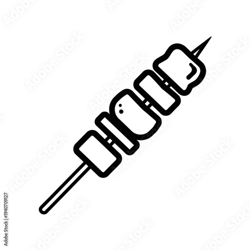 A simple black and white line drawing of a skewer with several pieces of food on it.