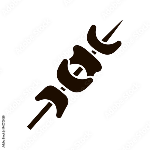 A simple, dark silhouette of a single skewer with three curved pieces of food on it, presented diagonally against a white background.