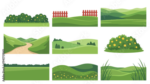 Green nature landscape collection. Vector summer grass fields and fences for outdoor scene construction or farming game background