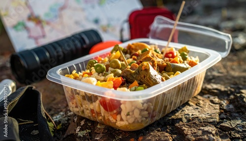 Nutrient-rich ready-to-eat meal in a transparent container, perfect for outdoor adventures and quick lunches.