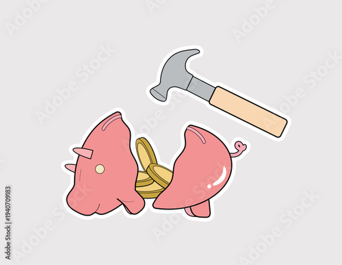 Broken piggy bank vector sticker. Shattered coin bank icon for financial crisis, debt, unexpected expenses, and breaking into savings