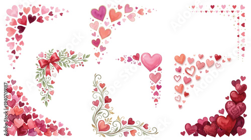 Valentine's Day corner border set. Vector red heart and floral angle frames for romantic card decoration
