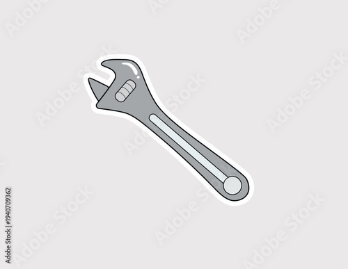 Adjustable wrench vector sticker. Chrome spanner tool icon for DIY, home repair, plumbing maintenance, and hardware store branding