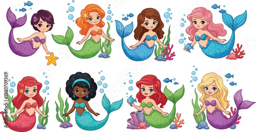 Cute mermaid character set for kids, beautiful underwater fairy tale girls with colorful tails, fish, coral, and seaweed, nautical fantasy illustration