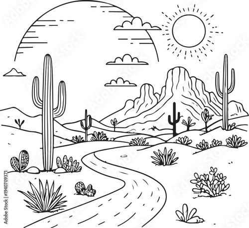 American mexican desert western wild west landscape Hand-drawn Sketch Drawing Vector Illustration, Line Linear Symbol Black and White Engraving, Isolated