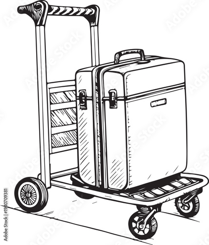 Airport suitcase trolley Hand-drawn Sketch Drawing Vector Illustration, Line Linear Symbol Black and White Engraving, Isolated