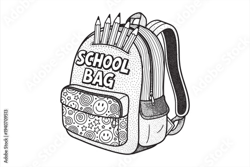 Vector illustration of a school bag with pencils and smiley faces on a plain white background ready for educational use