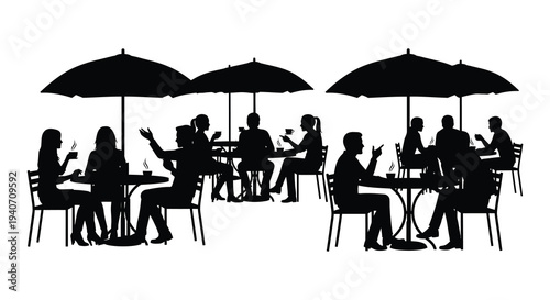 A group of people enjoy refreshments at an outdoor cafe depicted in a striking black silhouette high quality professional detailed modern