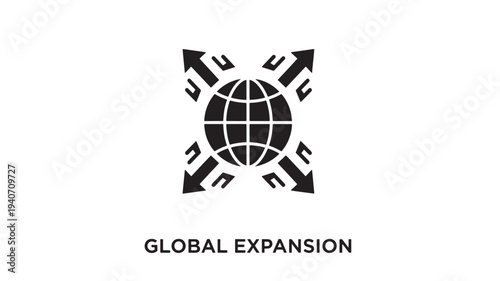 A  graphic illustration of a globe surrounded by arrows representing global expansion, on a white background.