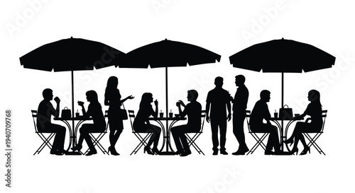 A group of people dining outdoors at tables with umbrellas depicted in a striking black silhouette high quality professional detailed modern