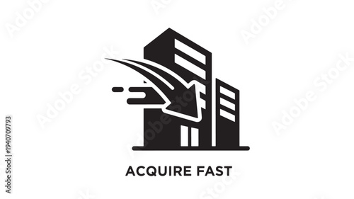 A  vector graphic depicting a building with an arrow rapidly moving towards it, symbolizing swift business acquisition or growth. Ideal for finance, business, and real estate themes.