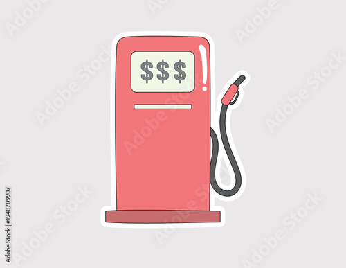 Gas pump vector sticker. Fuel station icon with dollar symbols for gas prices, oil industry, automotive expenses, and energy cost concepts