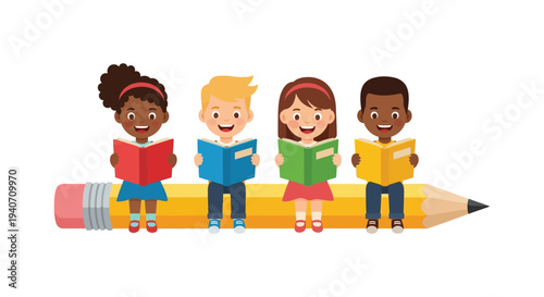 Four diverse children are reading books atop a large pencil representing knowledge and learning silhouette high quality professional detailed modern