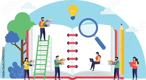 Education learning concept with students studying books research magnifying glass knowledge idea lightbulb academic study flat vector illustration