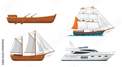 An assortment of sailing vessels and a modern yacht depicted in a flat illustrative style silhouette high quality professional detailed elegant