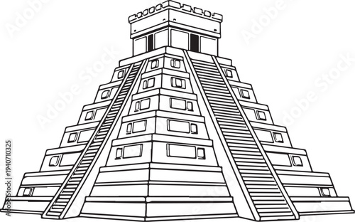 El Castillo pyramid in Chichen Itza Hand-drawn Sketch Drawing Vector Illustration, Line Linear Symbol Black and White Engraving, Isolated