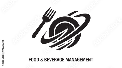 A stylized black logo featuring a fork and plate, representing food and beverage management, on a clean white background, conveying professionalism and service.