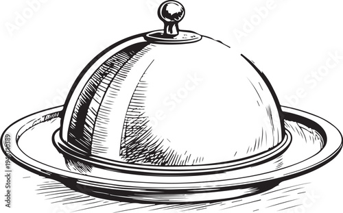 Food cloche or serving dome on a platea steaming food cloche or serving dome on a platea steaming fHand-drawn Sketch Drawing Vector Illustration, Line Linear Symbol Black and White Engraving, Isolated