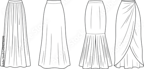 Women Long Skirt Fashion Flat Sketch Set Elegant Skirt Designs Apparel Technical Drawing Front View Vector Illustration