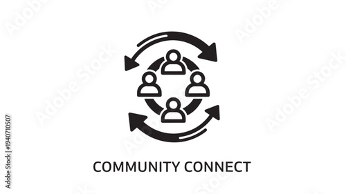 A  icon depicting community connect, featuring three people in a circle with arrows, symbolizing teamwork, social network, and partnership on a plain white background.