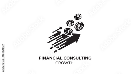 A  illustration depicting financial consulting growth with ascending arrows and coins, symbolizing business success and prosperity in a clean and minimalist style.