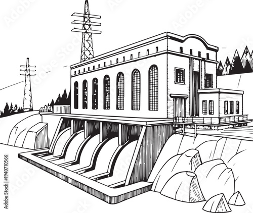 Hydro electric generation station Hand-drawn Sketch Drawing Vector Illustration, Line Linear Symbol Black and White Engraving, Isolated