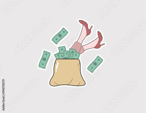 Money bag with legs vector sticker. Sack of cash icon representing fast wealth, spending spree, shopping addiction, and financial growth concepts