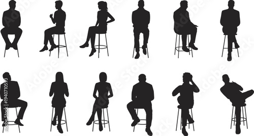 People Sitting on Stool Silhouettes Set Men and Women Seated Pose Collection Interview Discussion Vector Illustration