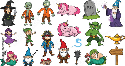 Fantasy cartoon characters set, witch zombie unicorn wizard pirate goblin mermaid gnome collection, cute magical fairytale vector illustration