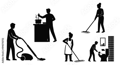 A collection of black silhouettes depicting various household chores and activities including cooking cleaning and maintenance silhouette high quality professional detailed