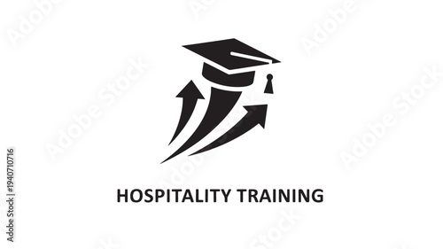 A black logo featuring a graduation cap with arrows, symbolizing hospitality training and education, on a white background.