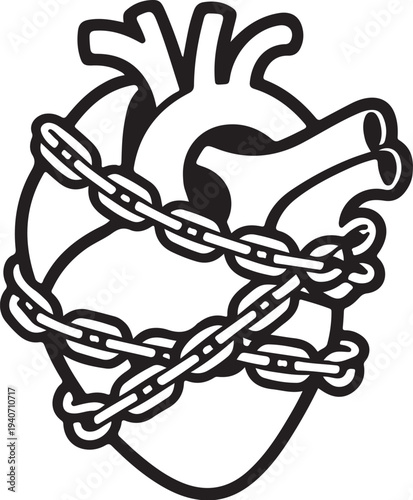 Heart Organ Locked in Chains Abusive Relationship Hand-drawn Sketch Drawing Vector Illustration, Line Linear Symbol Black and White Engraving, Isolated