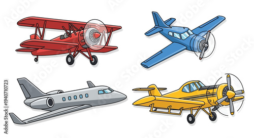 A colorful illustration depicts various aircraft including biplanes jets and propeller planes showcasing a distinct silhouette high quality professional detailed modern