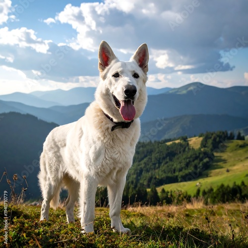 White dog with tongue out poses on a grassy hillside, mountain view